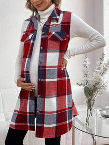 SHEIN Maternity Plaid Print Button Front Casual Sleeveless Jacket - Red - View 1