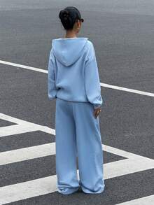 Muchica Women's Autumn/Winter New Thermal Lined Casual Loose Hoodie And Sweatpants 2 Pieces Set, Blue,Cozy Fall And Winter Clothes For Women,Fall,Fall Clothes For Women - Blue - View 2