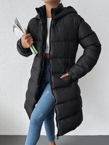 EURMUSE Slant Pockets Hooded Puffer Coat - Black - View 6