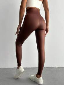 Solid High Waist PU Leggings - Brown - View 2
