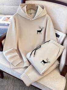 Manfinity Hypemode Minimalist Deer Silhouette Print Casual Sweatsuit For Men, Khaki, Cozy Outfits, Fall/Winter Clothes - Khaki - View 1