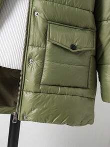 SHEIN Girls Olive Green Winter Modest School Hooded Padded Coat,Contrast Color Fur Collar,2 Front Pockets,Loose Fit Mid-Length Jacket For Autumn/Winter - Army Green - View 5