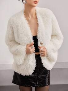 Heiryn 新款仿皮羊毛短款夹克，高端风格 - 白色 - 查看 3