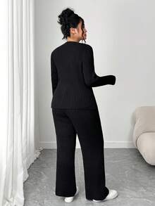 Elenzga Conjunto de suéter y pantalones de chándal de unicolor simple para uso diario y casual para mujer de talla grande, otoño - Negro - Ver 2
