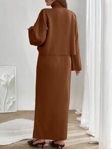 EURMUSE Women Sleeveless High Neck Sweater Dress With Cardigan - Brown - View 2