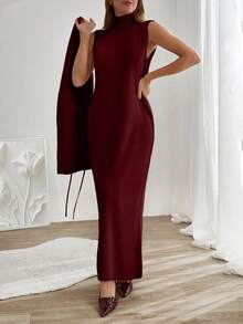 EURMUSE Women Sleeveless High Neck Sweater Dress With Cardigan - Burgundy - View 5