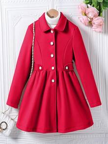 Tween Girls Single-Breasted Stylish Lapel Mid-Length Flared Overcoat