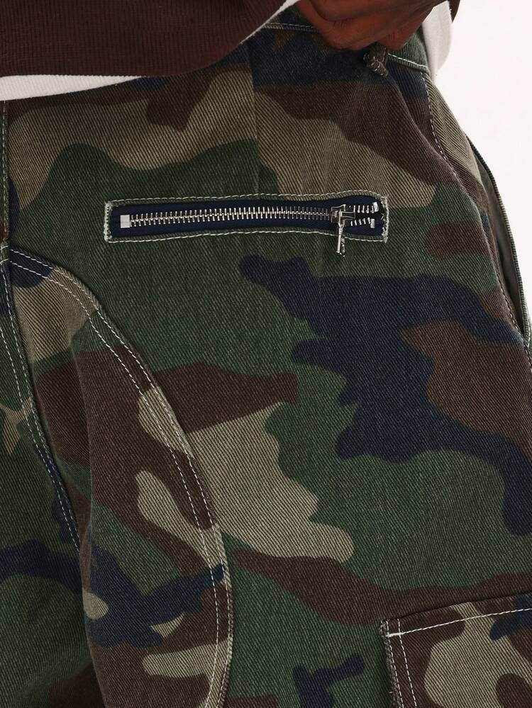 Wide Leg Camouflage Cargo Jeans With Pockets