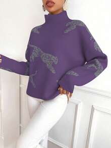 SHEIN LUNE 女式豹纹提花宽松高领长袖针织毛衣 - Bold Plum - 查看 6