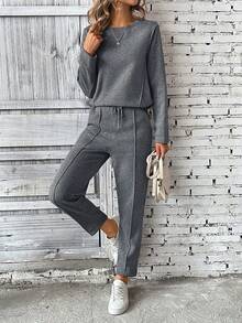 Calvaya 2pcs/Set Women Casual Solid Color Long Sleeve Top And Pants Suit For Autumn Fall Cloth For Women