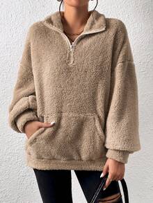 SHEIN EZwear 女士卡其色半拉链长袖套头卫衣，宽松版型，秋冬季长袖上衣，适合毕业典礼、返校、女教师、秋季、圣诞节等场合。 - 卡其色 - 查看 5