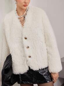 Heiryn 新款仿皮羊毛短款夹克，高端风格 - 白色 - 查看 2