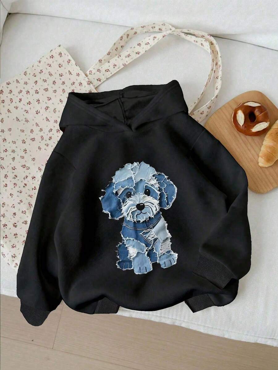 少女休闲时尚舒适简约百搭创意可爱小狗印花动物图案抓绒卫衣，秋冬款 - 黑色 - 查看 1
