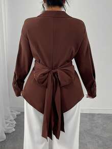 SHEIN Elenzya Plus Size Cinched Waist Bow Back Elegant Warm Color Blouse For Commuting, Autumn/Winter - Coffee Brown - View 2