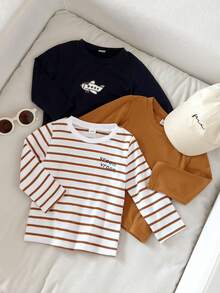 Playful Pals 3 件套男婴休闲可爱纯色条纹字母和飞机印花圆领长袖上衣，柔软舒适，百搭，适合室内外穿着，秋冬 - 彩色 - 查看 1