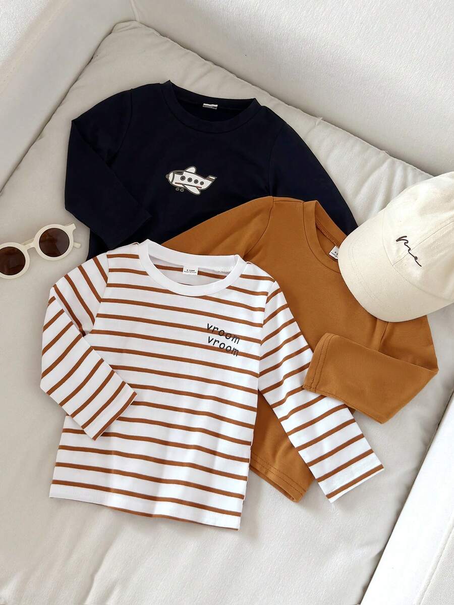 Playful Pals 3 件套男婴休闲可爱纯色条纹字母和飞机印花圆领长袖上衣，柔软舒适，百搭，适合室内外穿着，秋冬 - 彩色 - 查看 1