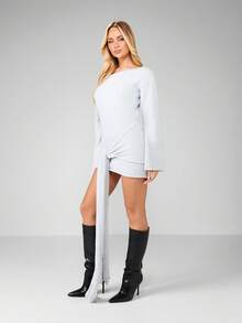 MISSGUIDED 露肩迷你毛衣裙，长袖，系带腰带，适合冬季时尚 - 淺灰色 - 查看 1