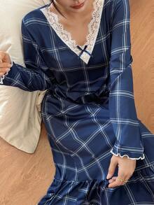 SHEIN 女士藏蓝色格子印花荷叶边蕾丝V领蝴蝶结超柔软薄款牛奶丝长袖睡裙，休闲舒适，可作中长连衣裙穿着，适合圣诞节、秋季和冬季，宽松睡裙 - 藏蓝色 - 查看 4