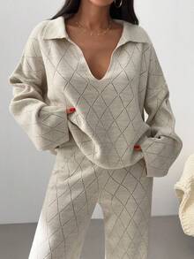 EURMUSE 女士格纹提花高领两件套毛衣和裤子套装 - 米色 - 查看 5