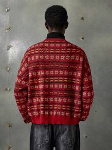 NEON BLANC Men's Casual Christmas Crew Neck Loose Knit Sweater, Autumn, For Fall Winter - Red - View 3