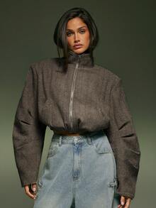 Denimoi Elastic Waist High Neck Cropped Zip Front Herringbone Jacket - Brown - View 1