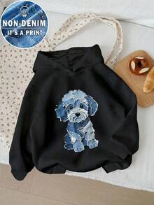 少女休闲时尚舒适简约百搭创意可爱小狗印花动物图案抓绒卫衣，秋冬款 - 黑色 - 查看 3