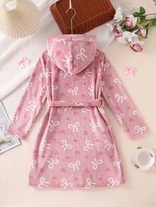 女童长袖草莓印花连帽长袍家居服，毛绒材质，秋冬款 - 藕粉色 - 查看 2