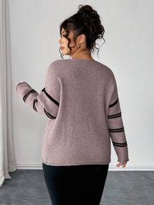 Elenzga Plus Size Women Sweater, Knitted Hollow Out Ribbed Hem Colorblock Striped Long Sleeve Pullover Casual Versatile Sweater - Coral Pink - View 2