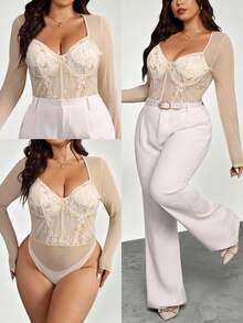 Firerie Plus Size Elegant Party Romper With Lace Trim, Comfortable & Casual For Spring, Early Autumn, Vacation, Beach, Romantic, Suitable For Cocktail Party, Ball, Wedding