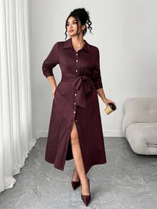 Elenzga Robe chemise femme grande taille, couleur unie, col cranté, boutons devant et ceinture, manches longues, décontractée, minimaliste, velours rétro, port quotidien, robe maxi épaisse, style casual chic occidental - Rouge foncé - Voir 5