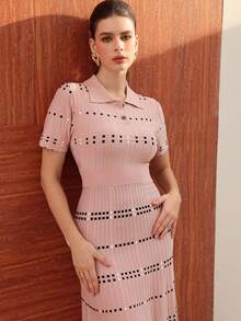 Modelyn Women's Polo Collar Plaid Short Sleeve Elegant Knitted Dress - Dusty Pink - View 2