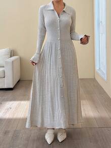 SHEIN Cottnline Knitwear Maxi Dress With Fancy Buttons - Beige - View 4