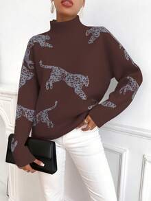 EMERY ROSE Women's Leopard Jacquard Knit Turtleneck Loose Pullover Sweater - Coffee Brown - View 3