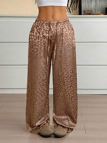 SHEIN EZwear 女式休闲卡其色豹纹抽绳腰宽松阔腿裤 - 卡其色 - 查看 5