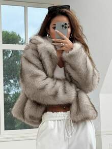 SHEIN EZwear 女式休闲杏色蓬松领长袖仿皮草夹克，秋冬 - 杏色 - 查看 1