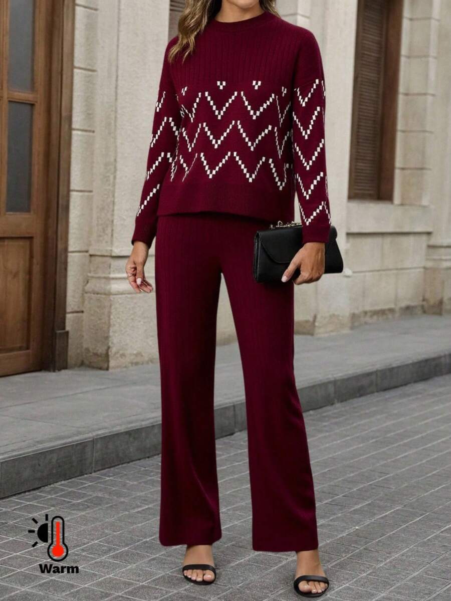 SHEIN Cottnline Burgundy Ribbed Knit Co-Ord Set With White Pattern ...
