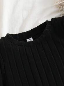 1pc Girls Crew Neck Long Sleeve Ribbed Knit Patchwork Floral Hem Dress, Sweet & Ladylike, Autumn - Black - View 3
