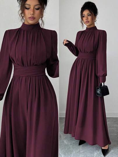 Elenzga Women's Casual, Elegant, Romantic Sicily Style Solid Brown Chiffon Stand Collar Loose Criss-Cross Tie Waist A-Line Bow Tie Long Sleeve Maxi Dress, Suitable For Commute, Vacation, Afternoon Tea, Party, Spring/Autumn/Winter