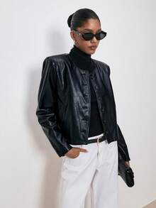 ATUI Studio Street Casual Black Long Sleeve Cropped Button-Up Jacket For Women In Fall/Winter - Black - View 3