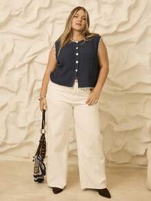 Aralina Curve Fall Winter Knitted Stolkhom Style Ribbed Button Up Casual Top With Blanket Stitch Detail - Multicolor - View 1