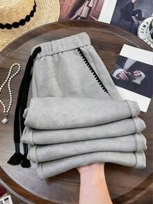 GlowEve CURVE Plus Size Women's Pink And Grey Contrast Color Loose Fit Casual Sweatpants,Autumn Everyday Embroidered Trim Drawstring Waist Pockets Wide Leg Joggers - Grey - View 3