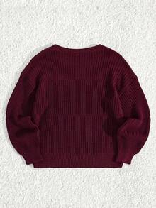 EURMUSE Petite Size Casual Rib Knit Crew Neck Women Sweater - Burgundy - View 2