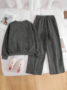 SHEIN 少女休闲宽松舒适圆领运动衫和裤子套装 - 灰色 - 查看 2