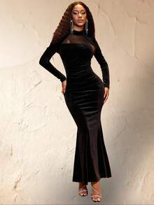 Lureya 女士优雅性感黑色天鹅绒高领透明拼接长袖修身美人鱼中长连衣裙，适合晚会 - 黑色 - 查看 1