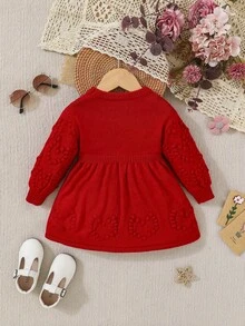 SHEIN 女嬰純色圓領長袖休閒針織冬季洋裝，秋季 - 紅色 - 查看 2