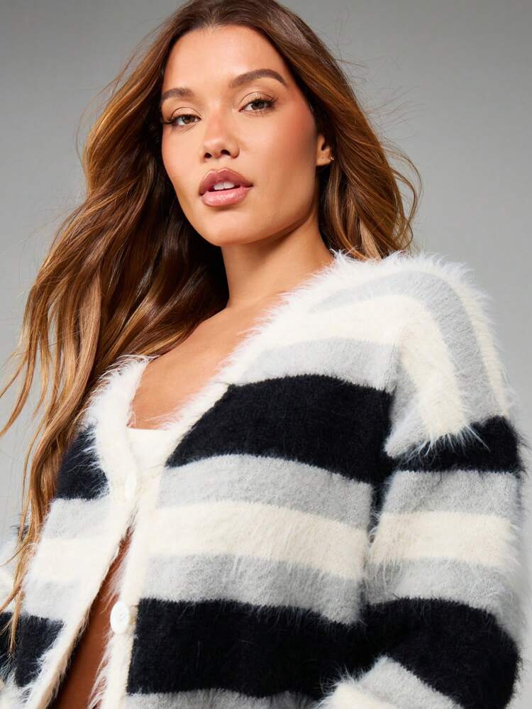 MISSGUIDED Oversized Fuzzy Striped Open Front Cardigan Long Sleeve Knit Sweater Fall Winter Cozy Layering