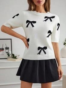 SHEIN Tall Bow Detailed Short Sleeve Sweater For Summer,Jumper,Cream Jumper,Jumpers,Black Jumper,Womens Jumper,White Jumper,Women's Jumper,Women's Jumpers,Winter Clothes - Black and White - View 4
