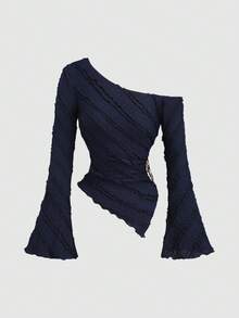 Sweetra 女士新款不对称下摆不对称肩长袖衬衫，带金属装饰，适合通勤和外出，春夏秋 - 藏蓝色 - 查看 3