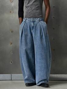 NEON BLANC Fold Pleated Washed Distressed Pocket Jeans - Blue - View 2