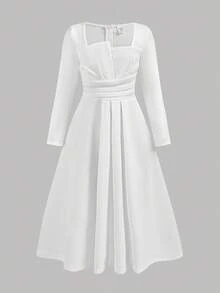 SHEIN 女童方领泡泡袖收腰短袖连衣裙 - 白色 - 查看 2
